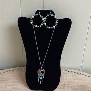 Silver Tone and Turquoise Dreamcatcher Necklace & Earrings SKU 191